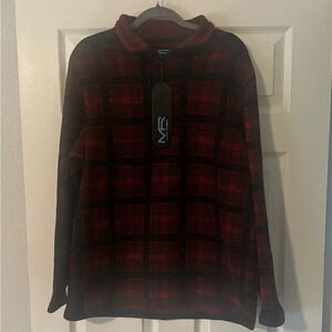NWT- Men’s MACK RUSSO Plaid Red Black 3/4 Zip‎ Fleece Pullover. Size Large.